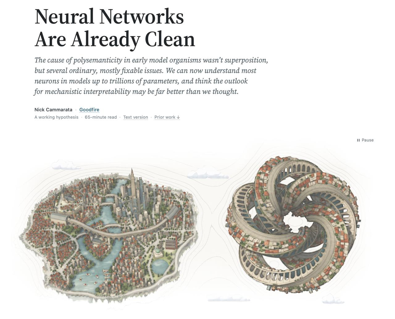 The opening of the essay "Neural Networks Are Already Clean" by Nick Cammarata, Goodfire