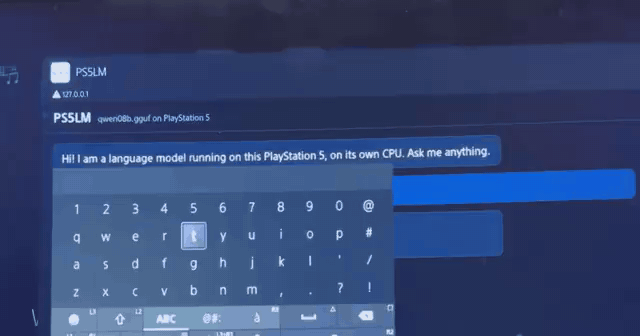 PS5LM chat in the PlayStation 5 browser: Qwen3.5 0.8B answers "Who are you" at about 20 tokens per second on the console's CPU
