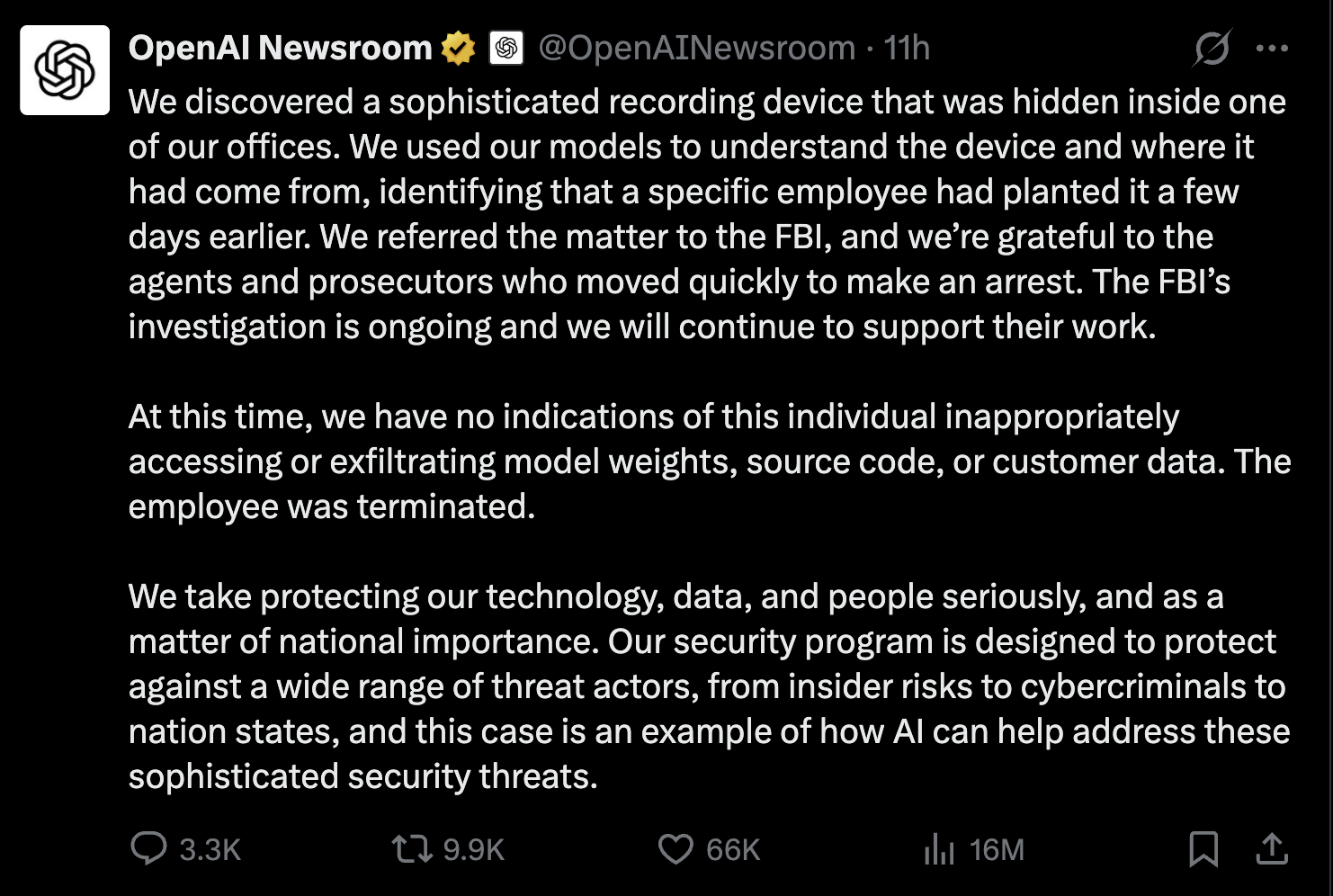 OpenAI Newsroom post on X: "We discovered a sophisticated recording device that was hidden inside one of our offices"