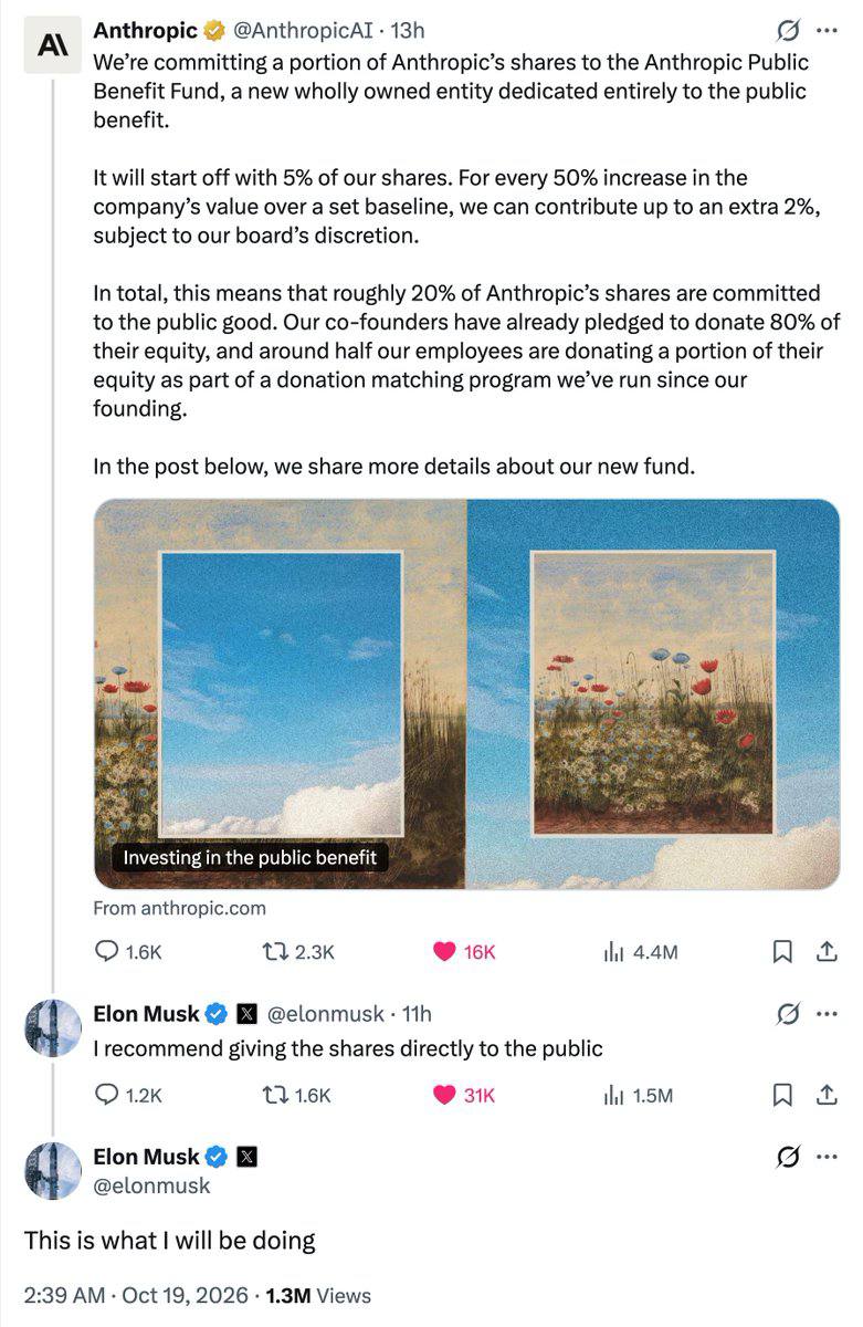 Anthropic's post on X announcing the Anthropic Public Benefit Fund, with Elon Musk's replies: "I recommend giving the shares directly to the public" and "This is what I will be doing"