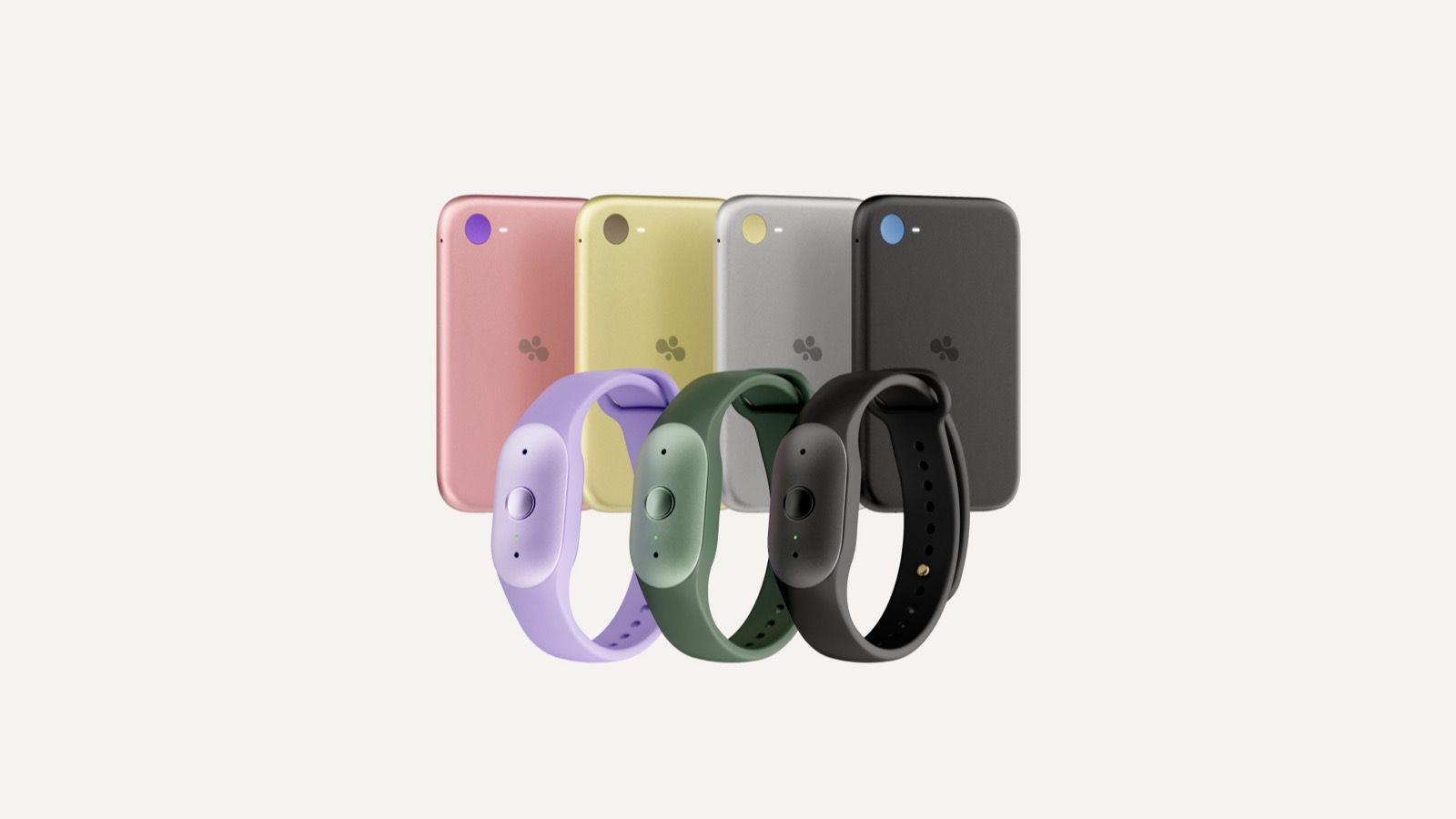 Amazon's product photo: Bee Eclipse phone attachments in four colors behind Bee Frontier wristbands in three colors