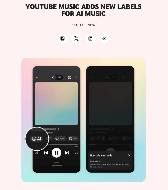 YouTube Music interface showing transparency badges for AI-generated songs and vocals