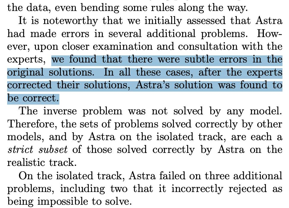 Excerpt from the TheoPhysEval paper: the authors found subtle errors in their original solutions, and after the experts corrected them, Astra's solution was found to be correct in all these cases